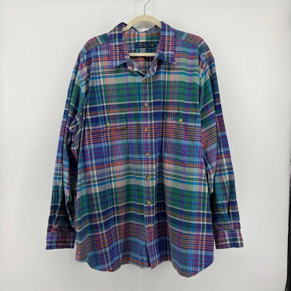 Polo Ralph Lauren Mens 3XB Multicolor Plaid Long Sleeve Button Up Shirt Madras
